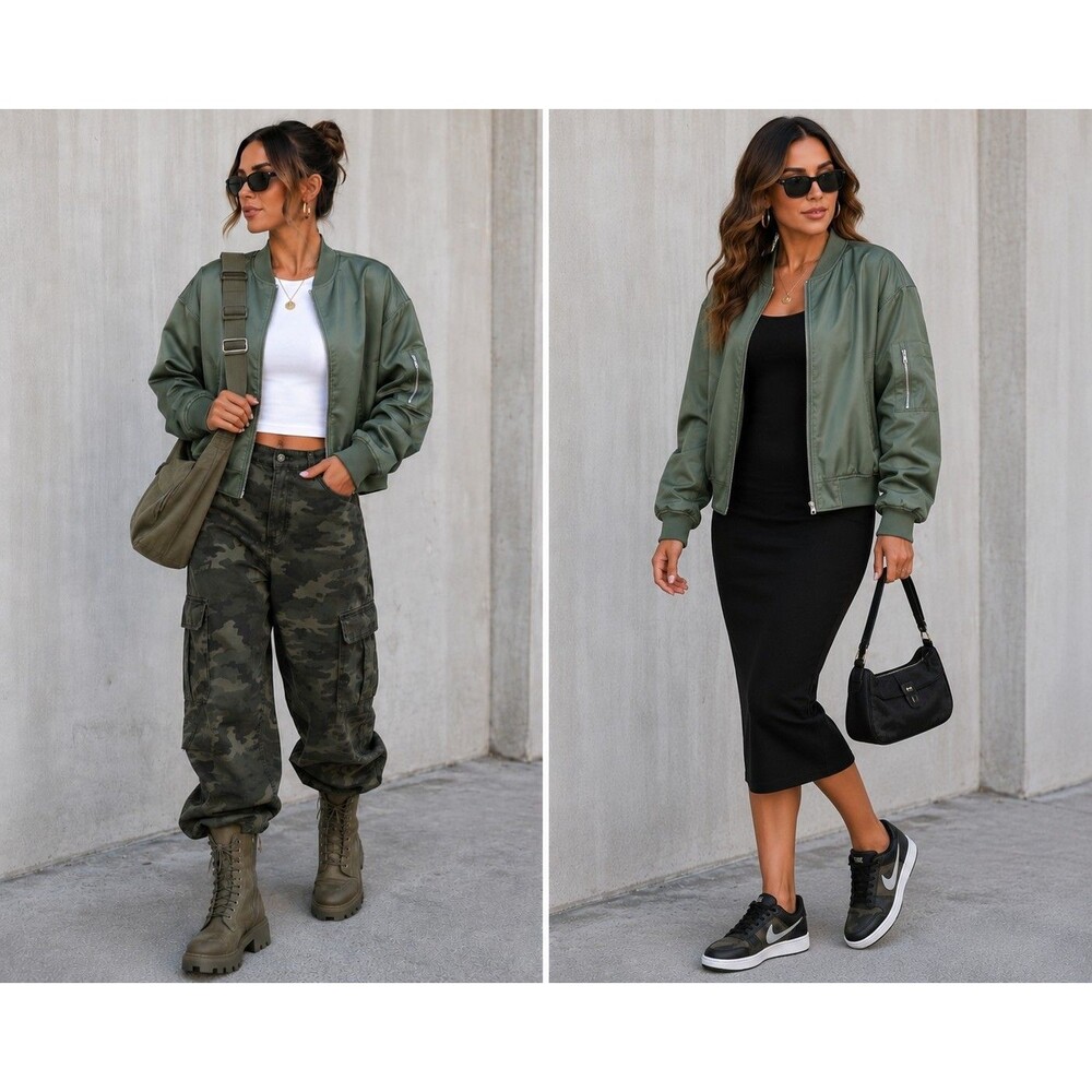 Olive Green Satin Bomber Jacket L Military Flight Utility Full Zip Casual Chic.